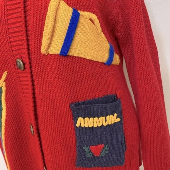 Vintage Heirlooms Red Knit Cardigan With School Activity Appliqué S - Picture 13 of 16